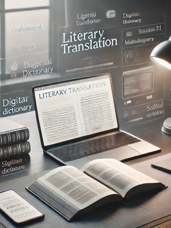 DALL·E 2025-03-17 11.21.26 - A modern and minimalistic digital illustration representing literary translation__- A professional translator's workspace with an open book, a digital
