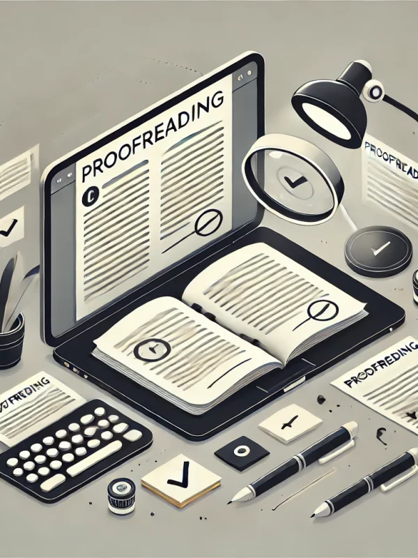DALL·E 2025-03-17 11.22.35 - A modern and minimalistic digital illustration representing proofreading__- A professional proofreader’s workspace with an open manuscript, a laptop d