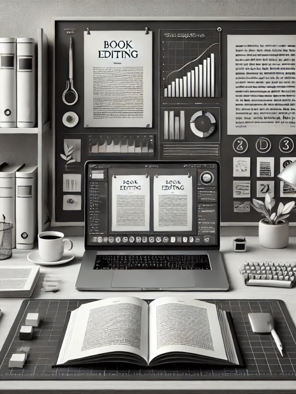DALL·E 2025-03-17 11.22.48 - A modern and minimalistic digital illustration representing book editing__- A professional editor’s workspace featuring an open manuscript, a laptop d