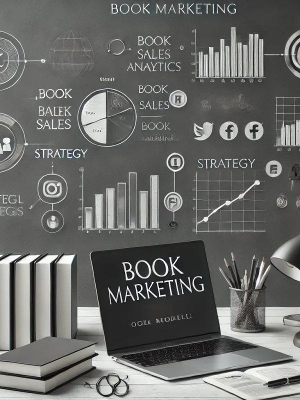 DALL·E 2025-03-17 11.24.34 - A modern and minimalistic digital illustration representing book marketing__- A professional workspace featuring a laptop displaying book sales analyt